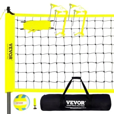 Image de VEVOR Filet de Volleyball en PE Poteau Acier Hauteur Réglable Kit Professionnel Volley ball Portable avec Ballon Sac Transport et Ligne Délimitation pour Entraînement Plage Jardin Extérieur