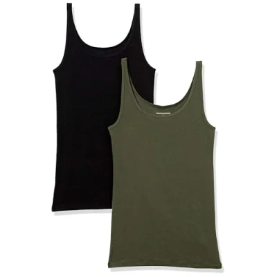 Image de Amazon Essentials Lot de 2 débardeurs à fines bretelles pour femme, coupe ajustée, noir/olive, taille XS