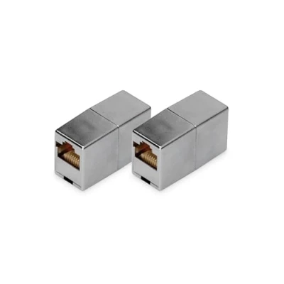 Afbeelding van DIGITUS Cat 5e RJ45 connector, 2 stuks, LAN kabelverlenging, Cat5e netwerkkabel, PoE compatibel, modulaire stekker voor switch, DSL, modem, router, pc, zilver