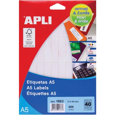 Afbeelding van Apli witte etiketten Print &amp; Write ft 13 x 50 mm (b h), 600 stuks, 40 per blad (1863) etiket