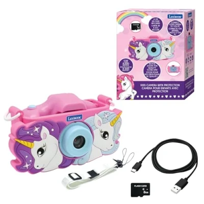 Afbeelding van Lexibook, Eenhoorn, 4 in 1 kindercamera met bescherming, foto , video MP3 en gamefuncties, 15 frames voor het personaliseren van je foto&#039;s, 8 GB geheugenkaart inbegrepen, DJ078UNI