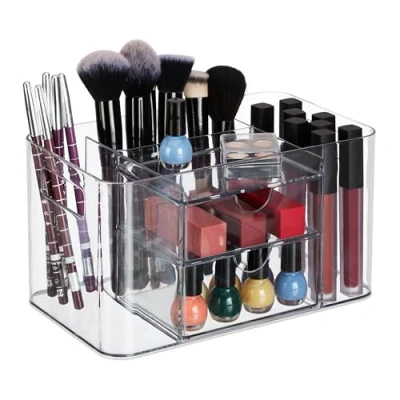 Afbeelding van Relaxdays make up organizer met lades doorzichtige kwastenhouder cosmetica