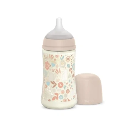 Afbeelding van Suavinex, Babyfles van 270 ml, fles met symmetrische speen SX Pro siliconen medium stroom (M), anti koliek ventiel, ultrazachte dunne voor baby&#039;s, +3 maanden, Wonderland roze