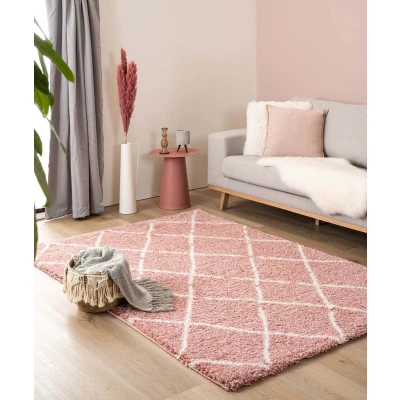 Afbeelding van Hoogpolig Tapijt/Vloerkleed Ruiten Artisan Roze/wit 80x150 Cm