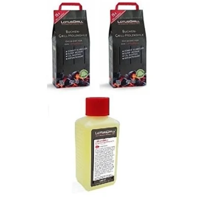 Afbeelding van LotusGrill 2 x 2,5 kg beukenhoutskoolzakken met 200 ml brandpasta, beide ontworpen voor rookvrij grillen de