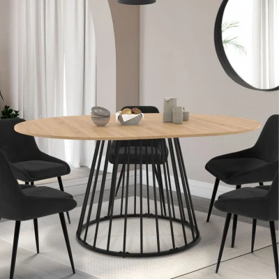 Afbeelding van YUNA 6 8 persoons ronde uitschuifbare eettafel met houten blad en zwart metalen draadpoot 110 150 cm