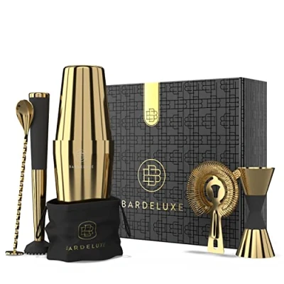 Afbeelding van BarDeluxe® Boston Shaker Cocktail Set 5 Delig Cocktailshakerset Cocktailshaker Stamper Zeef Bar Lepel Inclusief Receptenboek + Bewaarhoes Goud