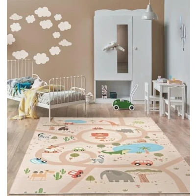 Afbeelding van the carpet Happy Life Tapis de jeu, pour chambre d&#039;enfant, motif rue, route, jungle et animaux voitures, beige 2, 160 x 220 cm