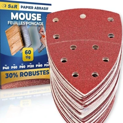 Afbeelding van S&amp;R Schuurpapier set voor deltaschuurmachine 105 mm x 152 (93 93 mm), 60 stuks schuurdriehoeken, klittenbandslijpschijven 11 gaten: 10*P40, 10*P60, 10*P80, 10*P120, 10*P180, 10*P240, ook multischuurmachine