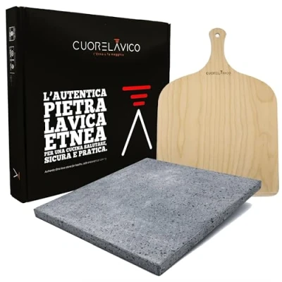 Afbeelding van CUORE LAVICO ETNEA lavasteen vuursteen set voor pizza 39 x 35 2 cm + schep gasoven, elektrische barbecue brood en tang. Made in Italy