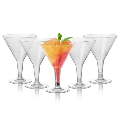 Afbeelding van MATANA 48 Herbruikbare Plastic Martiniglazen 210ml met Zilveren Glitter Cocktailglazen