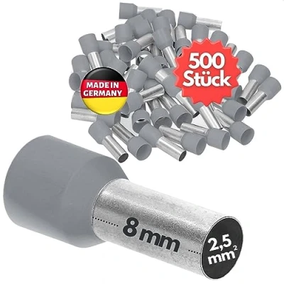 Afbeelding van 500 stuks Kalitec AE2508GR adereindhulzen geïsoleerd 2,5 mm² 8 mm lang grijs I Made in Germany Industriële kwaliteit