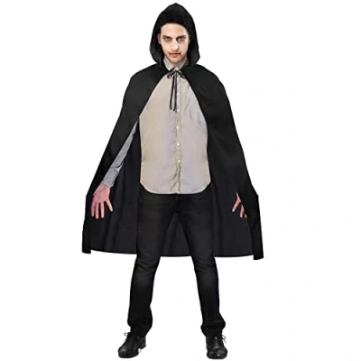 Afbeelding van amscan 9918093 Lange zwarte Halloween cape met capuchon en nekband voor volwassenen