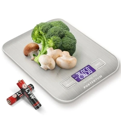 Afbeelding van PORTENTUM Keukengewicht met lcd display, roestvrij staal, nauwkeurige keukenweegschaal van 1 gram tot 5 kg