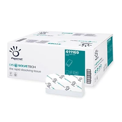Image de Papernet Dissolve Tech 411169 Serviette pliée en V 15 paquets de 210 pièces jetables papier cellulose pure, biodégradable et très résistante, 2 voiles, taille 22 x 10,5 cm