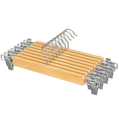 Afbeelding van SONGMICS Kleerhanger voor broeken, 8 stuks, van hout, met verstelbare klemmen, antislip, shorts en rokken, houtkleur CRW009N01