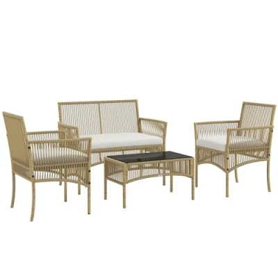 Afbeelding van Outsunny Tuinmeubelset, 4 delig, 2 zitsbank + stoelen 1 salontafel, dienblad van gehard glas, zwart, 3 zitkussens, metaal en PE rotan, beige