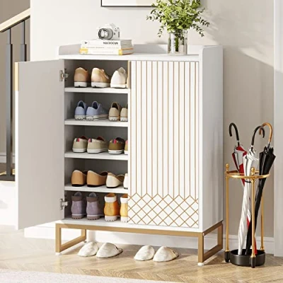 Afbeelding van Tribesigns schoenenkast met deuren, 5 niveaus voor entree, 25 paar houten schoenenkasten, moderne schoenenorganizer woonkamer, slaapkamer