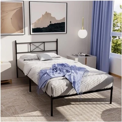 Afbeelding van Dreamzie Bedframe 90x200 met Lattenbodem Poten Metalen Bed Hoofdeinde Hoogte 35 cm Eenvoudige montage en opbergruimte