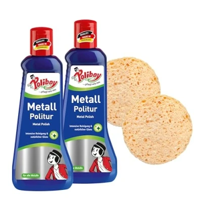 Afbeelding van Poliboy Polijstmiddel voor glanzende metalen, metaalverzorging met aanslagbescherming, 2 x 200 ml, spons, Made in Germany