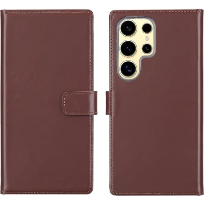 Afbeelding van Selencia Hoesje Geschikt voor Samsung Galaxy S25 Ultra Met Pasjeshouder Echt Lederen Bookcase Donkerbruin