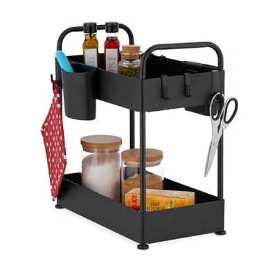 Afbeelding van Relaxdays keukenkast organizer 2 etages wit gootsteenkast met bakjes
