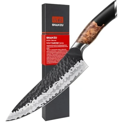 Afbeelding van SHAN ZU Japans handgesmeed mes, keukenmes 20 cm, 7 laags scherp koksmes van hoogwaardig koolstofstaal, professioneel Gyuto mes met esdoornnotenhandvat