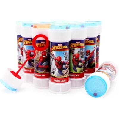 Afbeelding van Toyland® 12 stuks Spiderman bubbelpotten met staafjes, 60 ml oplossing en deksel voor labyrint, zak feestspeelgoed