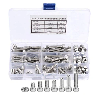 Afbeelding van 90 stuks 1/4 20UNC assortiment zeskantschroeven zeskantbouten van roestvrij staal 60 schroeven + 30 moeren