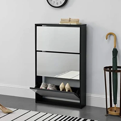 Image de Étagère à Chaussures Design Meuble de Rangement 3 Compartiments Stockage pour 9 Paires Façade Miroir Panneaux Particules Mélaminés 102,5 x 63 17 cm Noir [en.casa]