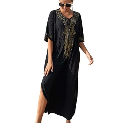 Afbeelding van YouKD Zomer Katoen Geborduurde Bloemen Losse Kaftan Boho Strand Bikini Cover Jurk Plus Size voor Vrouwen, Zwart