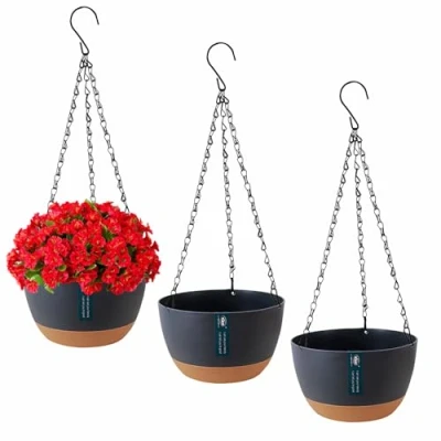 Afbeelding van Exquilnova Set van 3 hangende bloempotten met afvoergaten en schotels, plantenstandaard om op te hangen voor binnen buiten, hangmand planten bloemen (donkergrijs)