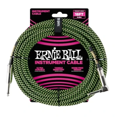 Afbeelding van Ernie Ball 6082 geweven gitaar kabel 5,5 meter zwart/groen 1x haaks, recht jack 6,35 mm
