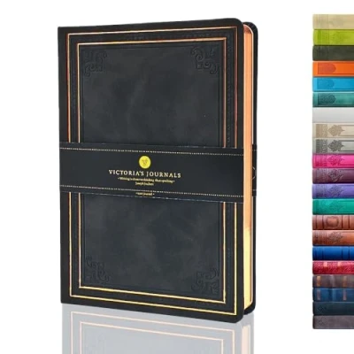 Afbeelding van Victoria&#039;s Journals Kunstlederen notitieboek, in vintage stijl, harde kaft, gelinieerd, reisdagboek, 14 x 20 cm, zwart
