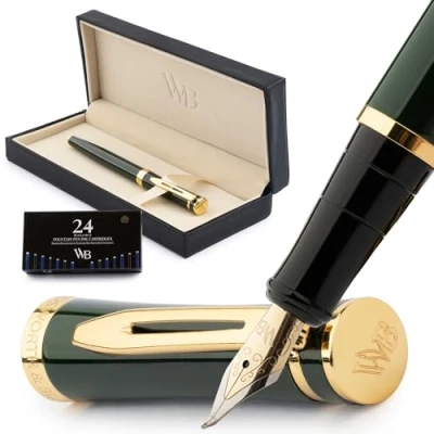 Afbeelding van Wordsworth &amp; Black Vulpenset, gebogen punt, bevat 24 inktpatronen, inktnavulconverter en geschenkdoos, kalligrafie, racegroen, perfect voor dames heren