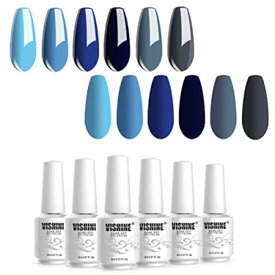Afbeelding van Vishine gelnagellak, semi permanent, 6 kleuren, UV, LED, gel, soak off, set nagellak, marineblauw, serie 8 ml,