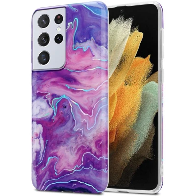 Afbeelding van Cadorabo Hoesje geschikt voor Samsung Galaxy S21 ULTRA in Paars Roze Marmer No. 19 Beschermhoes gemaakt van TPU siliconen Case Cover met mozaïek motief