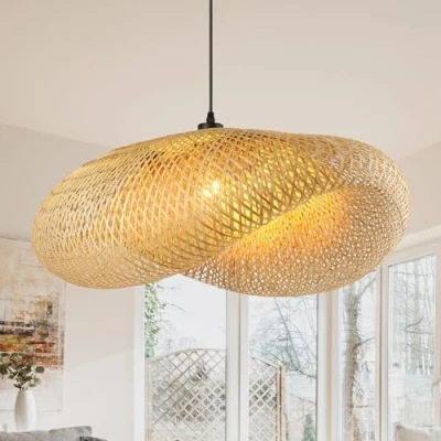Afbeelding van Schindora Retro rotan hanglamp, 80 cm, Boheemse stijl, handgeweven hoed, creativiteit, hangende plafondlamp voor restaurant, theesalon, slaapkamer, café, E27