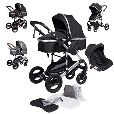 Afbeelding van Bronea EXQUISE Luxe multi functionele kinderwagen 3 in 1 Meerdere kleurcombinaties Incl. MATRAS, Buggy, Autostoel, Luiertas, Regenhoes, Voetenwarmer, Muggen net &amp; Zonneklep Grijs/Zwart