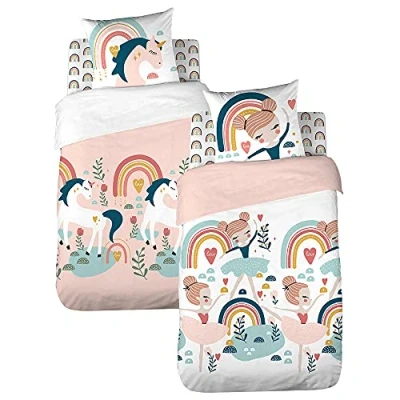 Afbeelding van CÔTE DECO Omkeerbaar beddengoed voor kinderen, eenhoorn en danseres, roze, dekbedovertrek 140 x 200 cm + 1 kussensloop 63 cm, 100% biologisch katoen