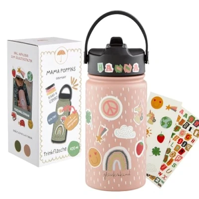 Afbeelding van Mama Poppins Germany Drinkfles voor kinderen, roestvrij staal, 420 ml, met rietje, lekvrij, BPA vrij, geschikt kinderen vanaf 3 jaar, vaatwasmachinebestendig, olijfgroen