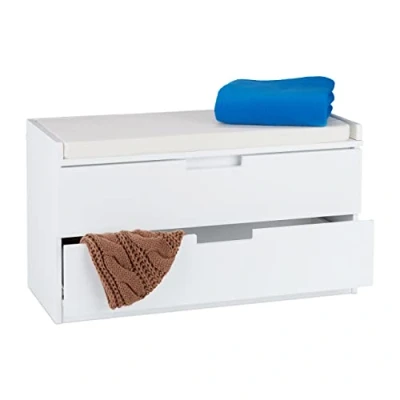 Afbeelding van relaxdays opbergbank halbank schoenebank wit landhuisstijl 2 lades met kussen