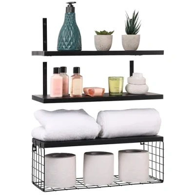 Afbeelding van Belle Vous 3 Pak Zwart Houten Zwevende Planken 42 cm Lang Rustieke Muur Gemonteerde Opslag Set met Mand voor Slaapkamer, Woonkamer, Keuken, Badkamer of Kantoor