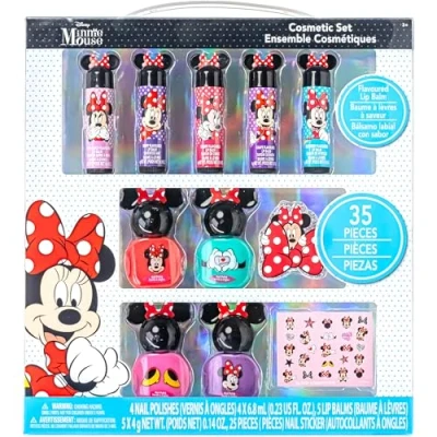 Afbeelding van Townley Girl Minnie Mouse Sprankelende cosmetische make upset voor meisjes met lippenbalsem nagelstickers, 35 stuks, perfect feestjes, slaapfeesten, overs, verjaardagscadeau