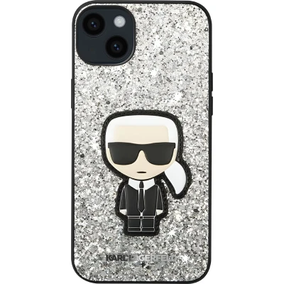 Afbeelding van Karl Lagerfeld, Hardcase Geschikt voor Apple iPhone 14 Plus Glittervlokken Ikonik, Zilveren
