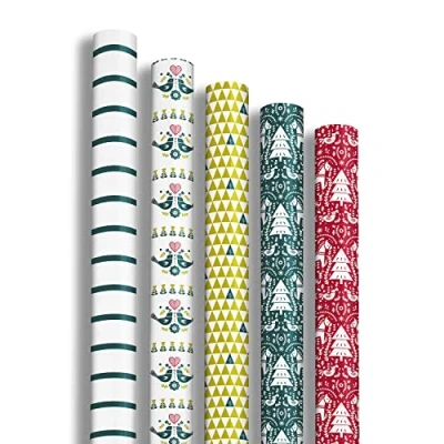 Afbeelding van Clairefontaine 201936AMZC een doos met 12 rollen cadeaupapier Excellia papier 80 g afmetingen: 2 x 0,70 m motief: Kerstmis, dennen, paarden, rood/groen, vogels geschenkverpakking