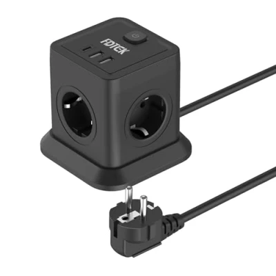 Afbeelding van FDTEK Cube Stekkerdoos, elektrische stekkerdoos met 4 stopcontacten en 3 USB (5 V/3,1 A), 7 in 1 torenkaart, schakelaar controlelampje, kabel 1,8 m, 2500 W
