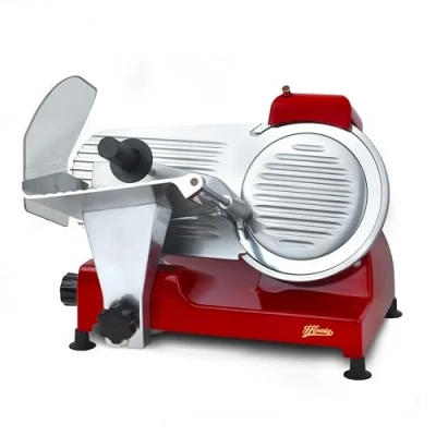 Afbeelding van H.Koenig MSX224 Elektrische vleeswarensnijder, professioneel, nauwkeurig, snijdikte 0 12 mm, Italiaans lemmet 20 cm, geïntegreerde messenslijper, brede plaat, 282 rpm, rood
