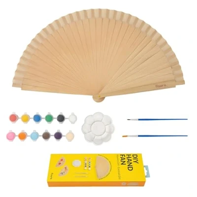 Afbeelding van Fisura Originele waaier om zelf vorm te geven. Houten voor creatieve activiteiten, draagbare ventilator, ideaal cadeau geven, inclusief 12 kleuren, 1 penseel en pallet, afmetingen: 42,5