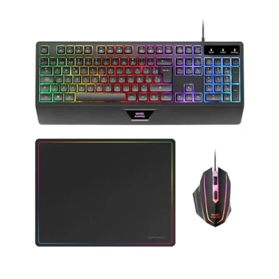 Afbeelding van Mars Gaming MCP124, 3 in 1 Combo, ergonomisch toetsenbord H Mech LED RGB, 3200 DPI HUANO Switches, muismat nanotextiel 360 x 260 mm, platformcompatibiliteit, lay out